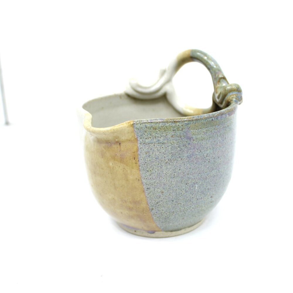 ART POTTERY BOWL W/HANDLE & SPOUT SIGNED "GAINES" GRAY BLUE TAN IVORY 5.5"X5.125
